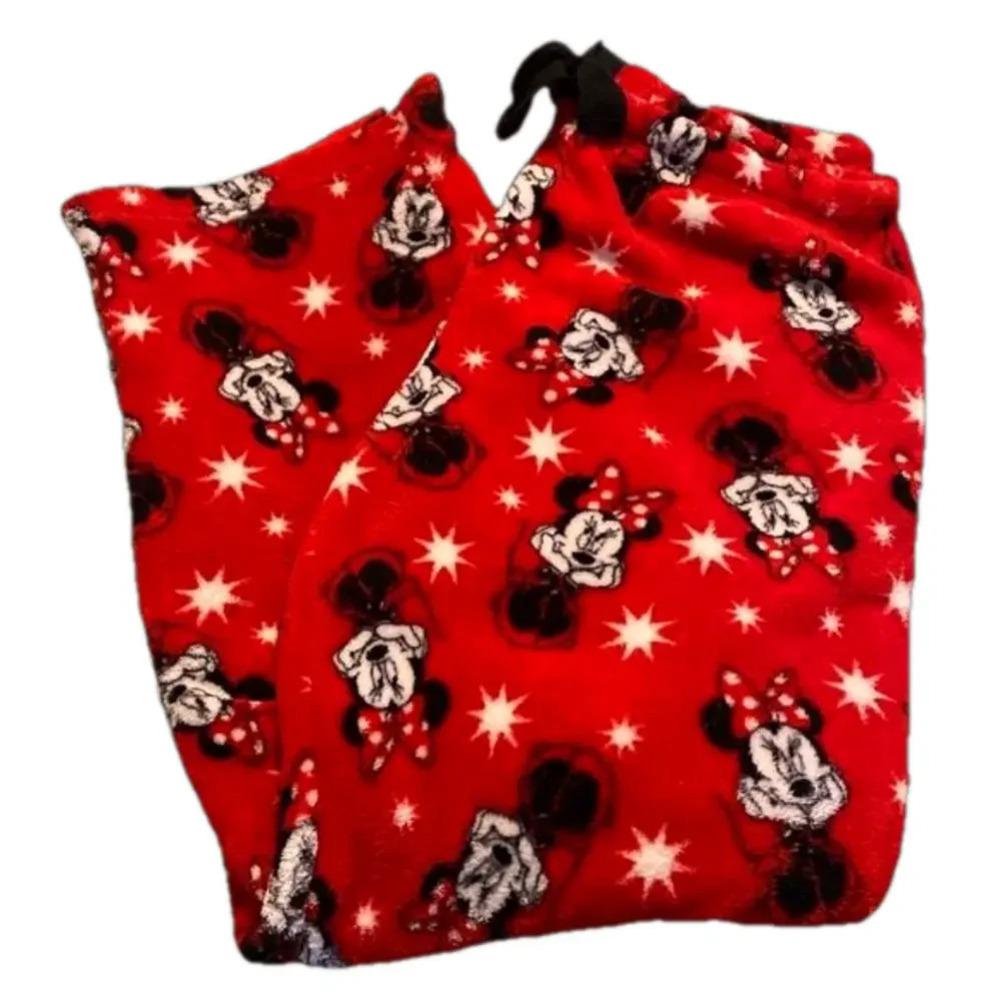 Disney Minnie Mouse Fleece Lounge Pants Large L Red All Over Print Pajamas Cozy - Picture 2 of 4
